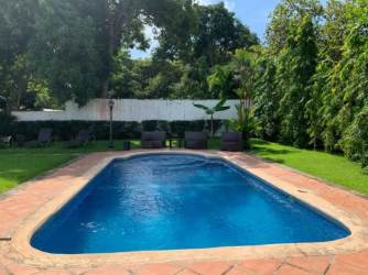 Beautiful private pool surrounded by tropical garden and palms at beach house for sale Coronado Panama