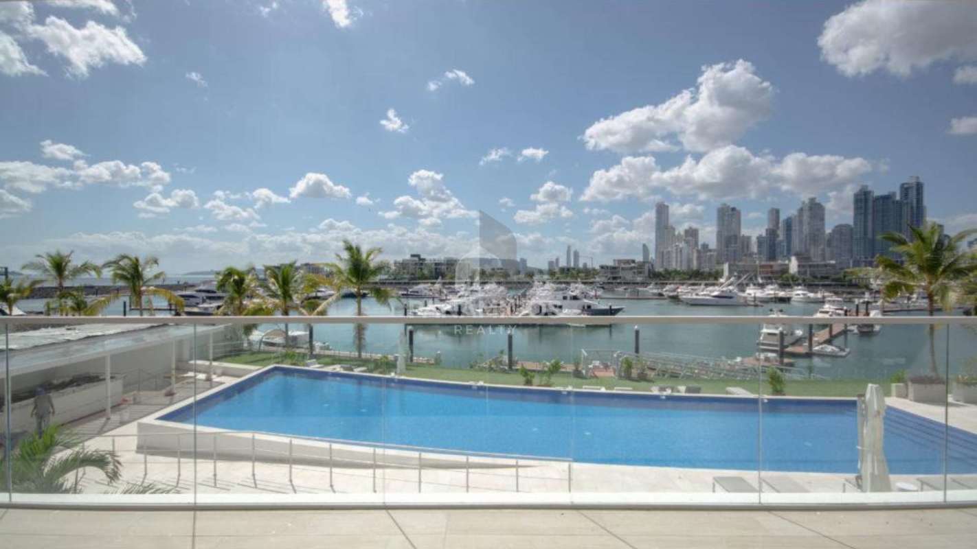 Large covered balcony overlooking Pacific, marina, and skyline Ocean Reef Islands Panama