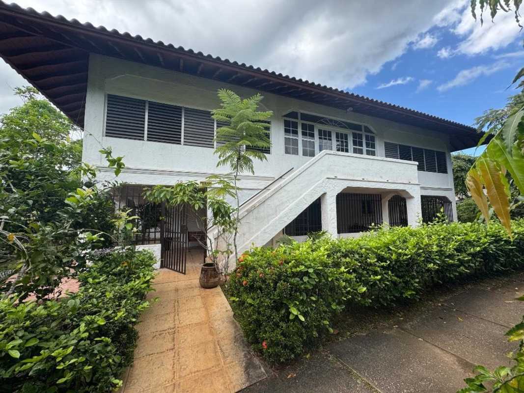 Dining room with oval wooden table and large windows garden view in Clayton Panama