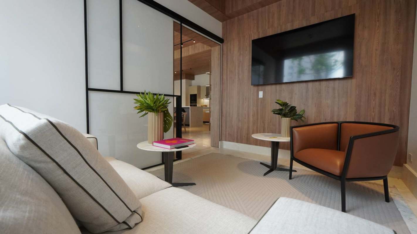 Open concept living dining with wood ceiling modern design in Santa María Golf condo