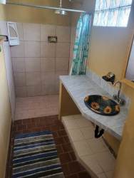 Bathroom with walk-in shower, vessel sink, marble countertop in Coronado beach home
