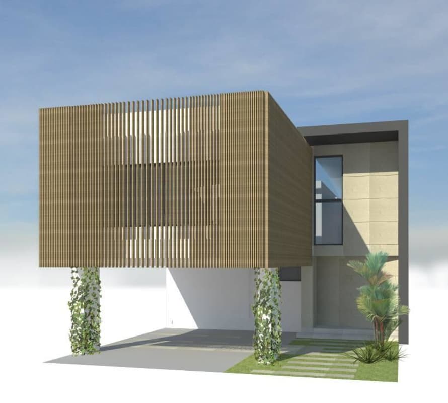 Two-story luxury villa front with wood slats and vertical garden columns in Panama City