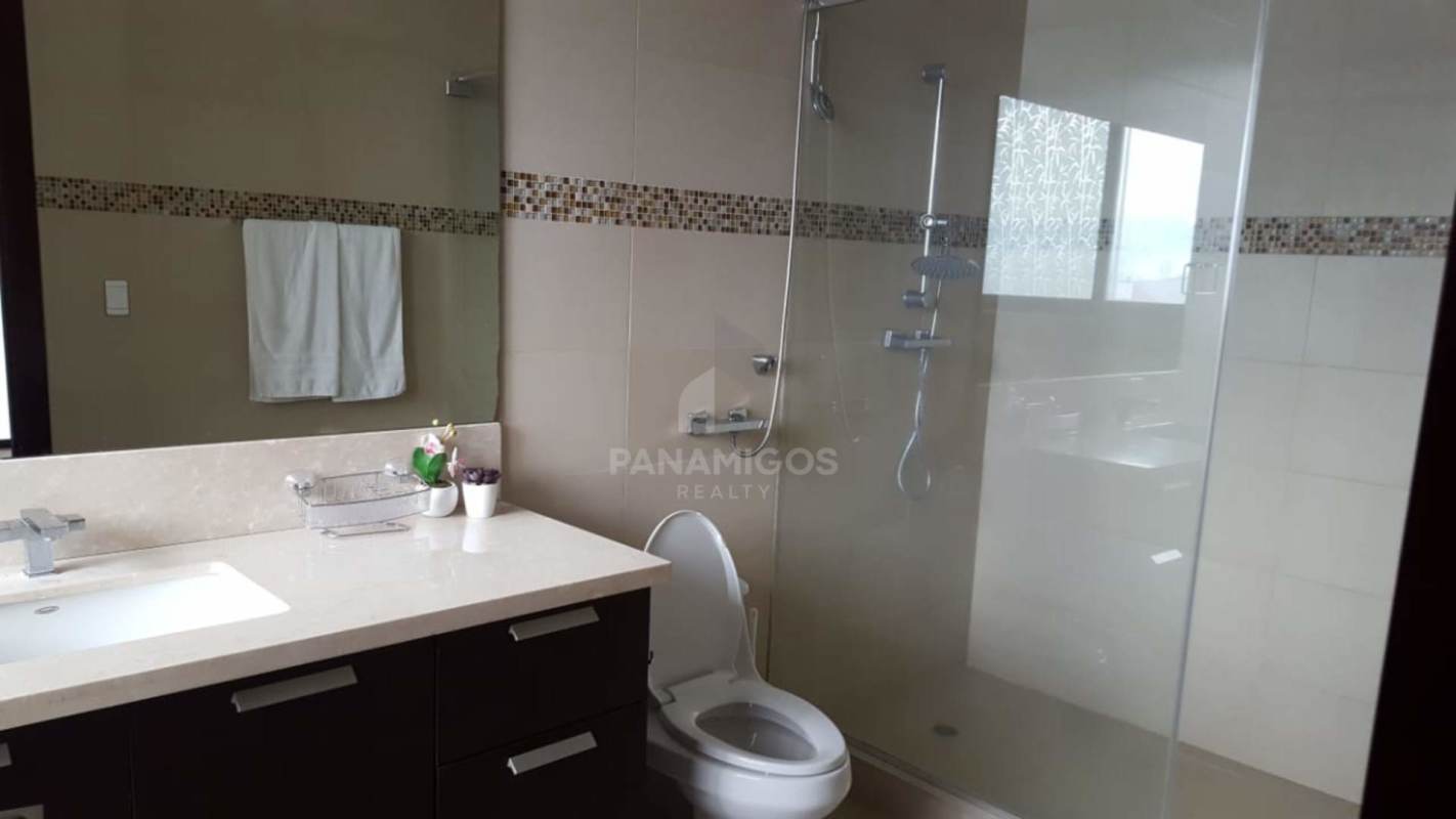Modern bathroom with glass enclosed shower and stylish vanity in PH Oceanaire Punta Pacifica