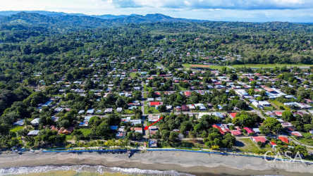 Palm-lined oceanfront walkway with scenic views in Panama beach town