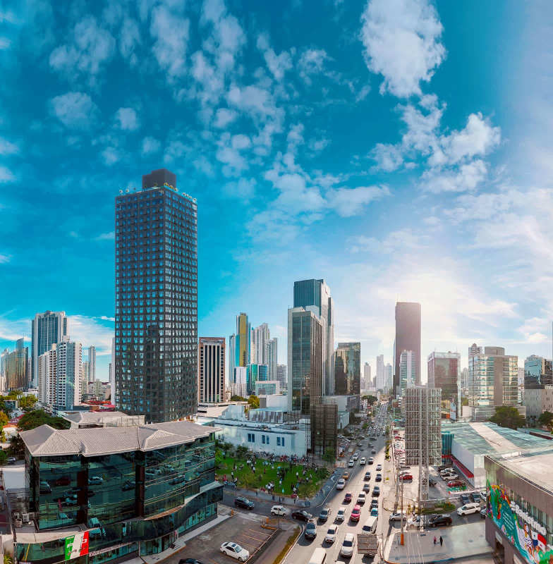 Skyline view rooftop pool and lounge area at PH Walker Calle 50 for residents and guests