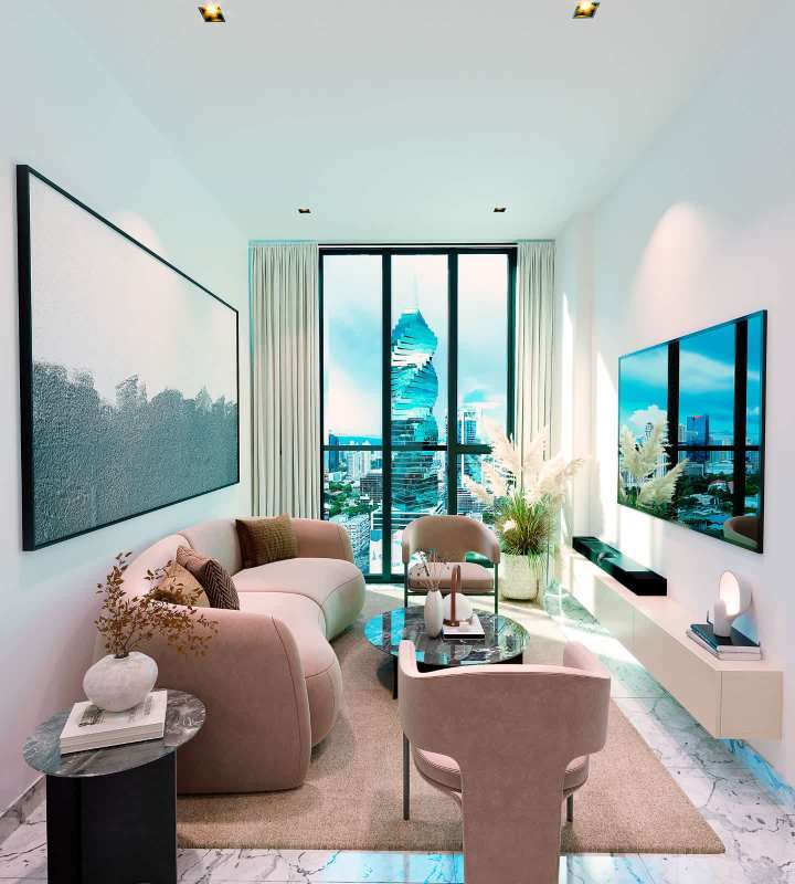 Bright modern living area in one-bedroom unit featuring balcony access and skyline view at PH Walker Marbella Panama