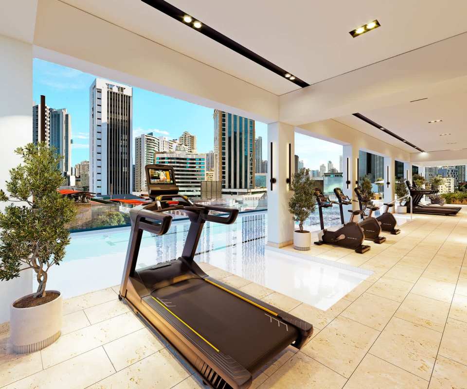 Modern gym and spa amenities with panoramic views at PH Walker Calle 50 Panama City
