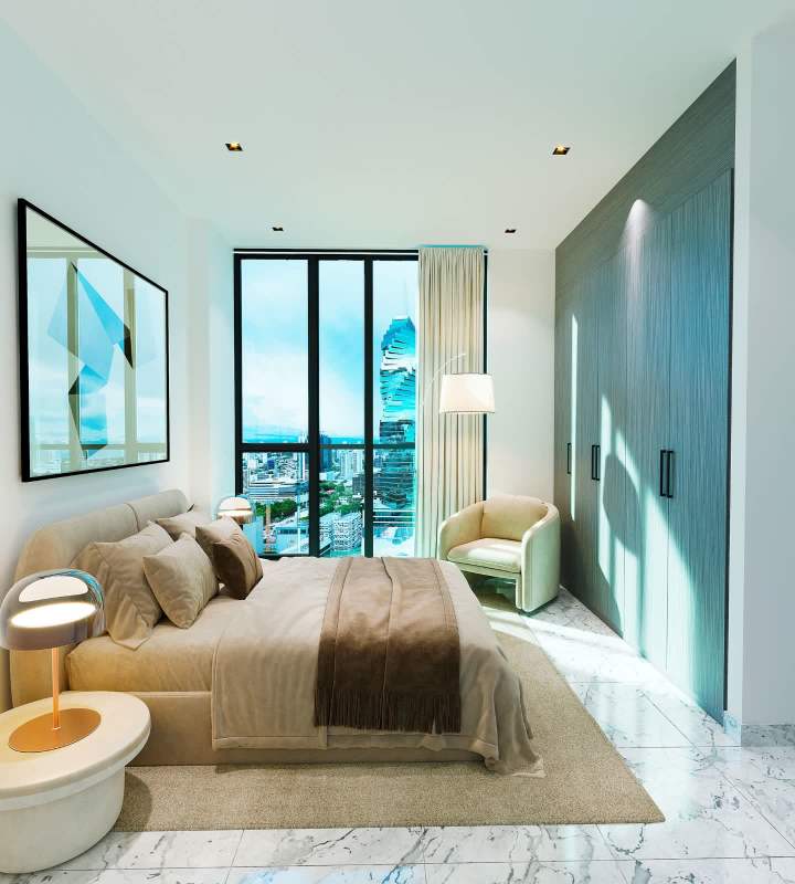 Contemporary bathroom with walk-in shower and vanity in PH Walker one-bedroom apartment