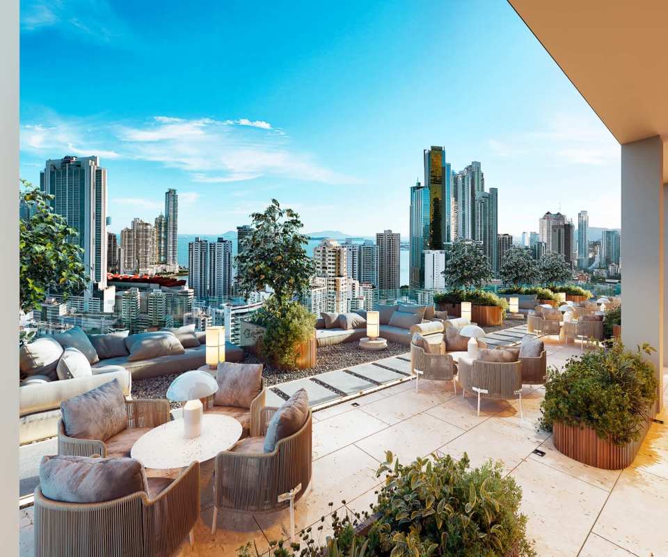 Spectacular aerial of Marbella financial district with PH Walker tower and Calle 50 skyline Panama City