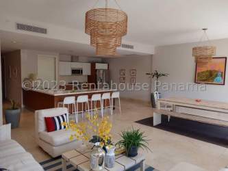 Upgraded marble floor kitchen with integrated appliances, luxury condo Buenaventura Panama