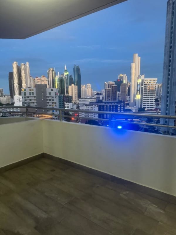 Private balcony terrace overlooking city skyline at PH Luxor 300 apartment El Cangrejo Panama City