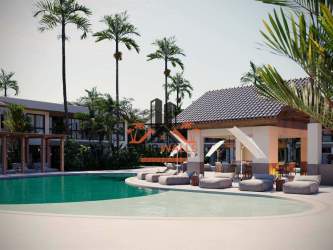 Aerial view of swimming pools and tropical gardens at PH Aires del Mar beachfront Panama