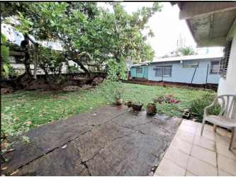 Large backyard with trees, stone patio, and adjacent building in Carrasquilla Panama City