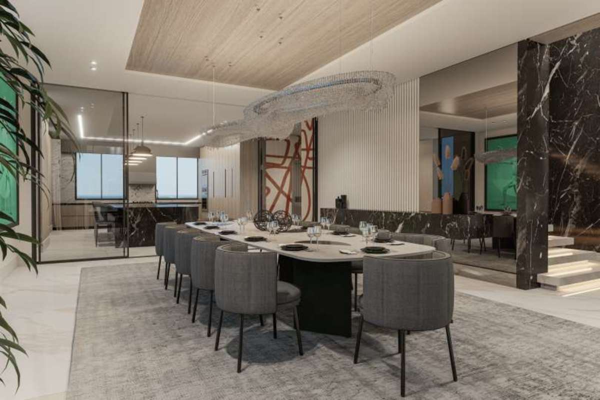 Luxury penthouse kitchen with marble finishes and designer appliances in Punta Pacifica Panama