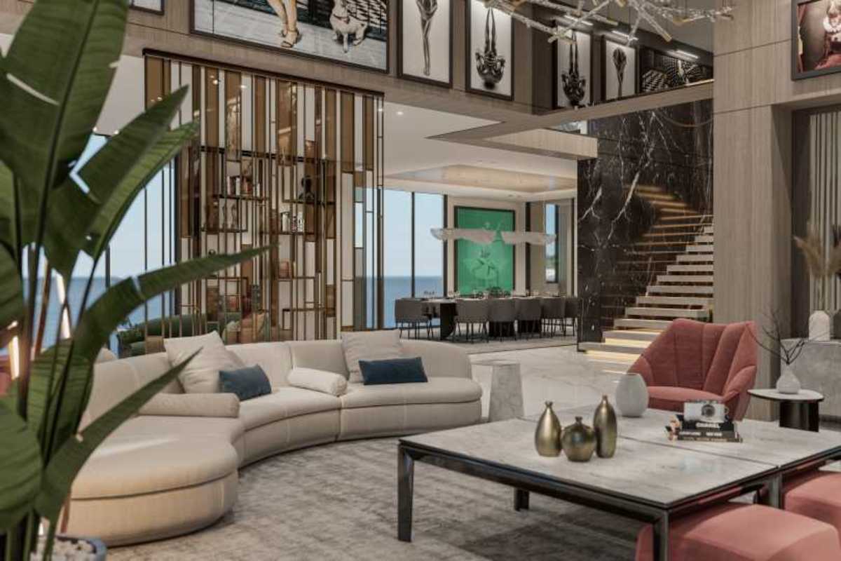 Modern open-plan luxury penthouse with double-height ceilings and ocean views at Punta Pacifica Panama