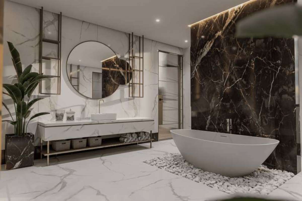Contemporary bathroom with marble finishes luxury penthouse Ocean Reef Panama