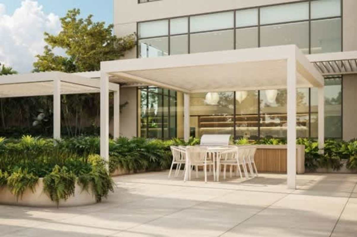 Modern outdoor social area with pergola and gourmet kitchen in Costa del Este luxury condo