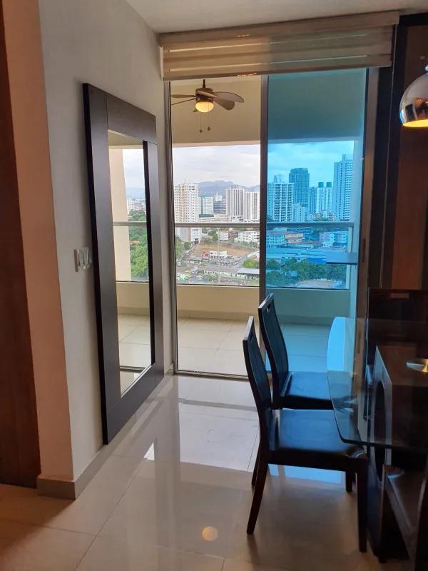 Modern bathroom with glass-enclosed shower in PH Diamond Tower apartment Panama