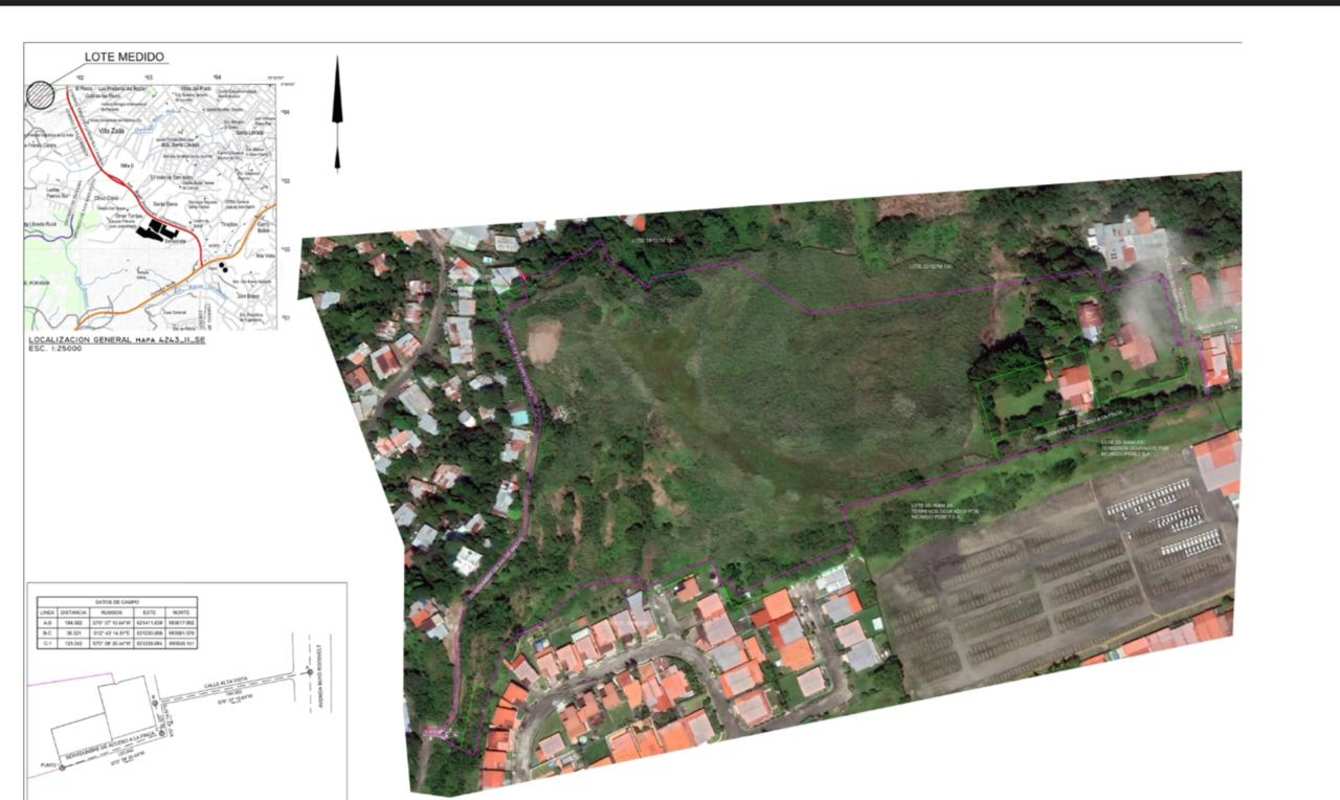 Panoramic aerial showing full 49,848 m² land in Las Cumbres with nearby residential zones and main highway