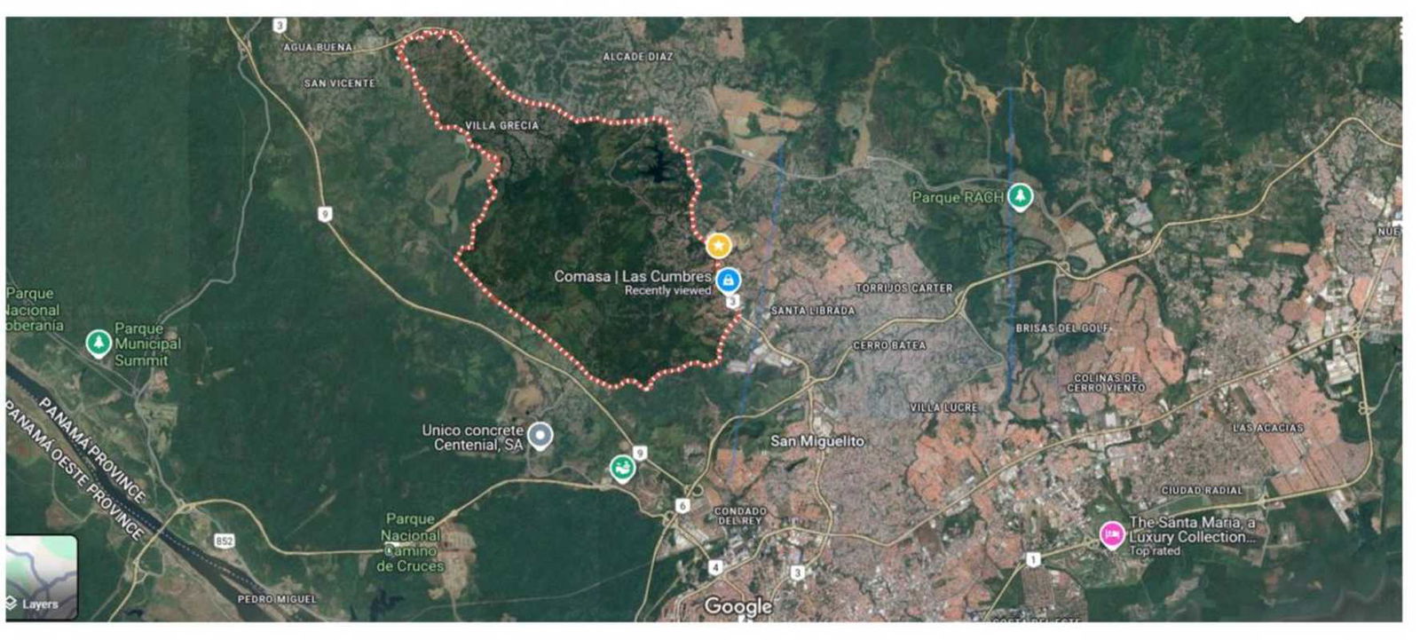 Las Cumbres area map showing land location with proximity to Metro, hospital, shopping and main highways