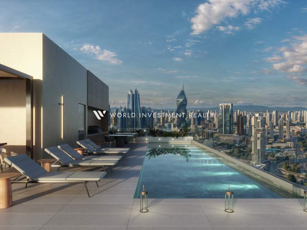 Luxury infinity pool on rooftop with ocean and downtown views at Moderna 360 Panama