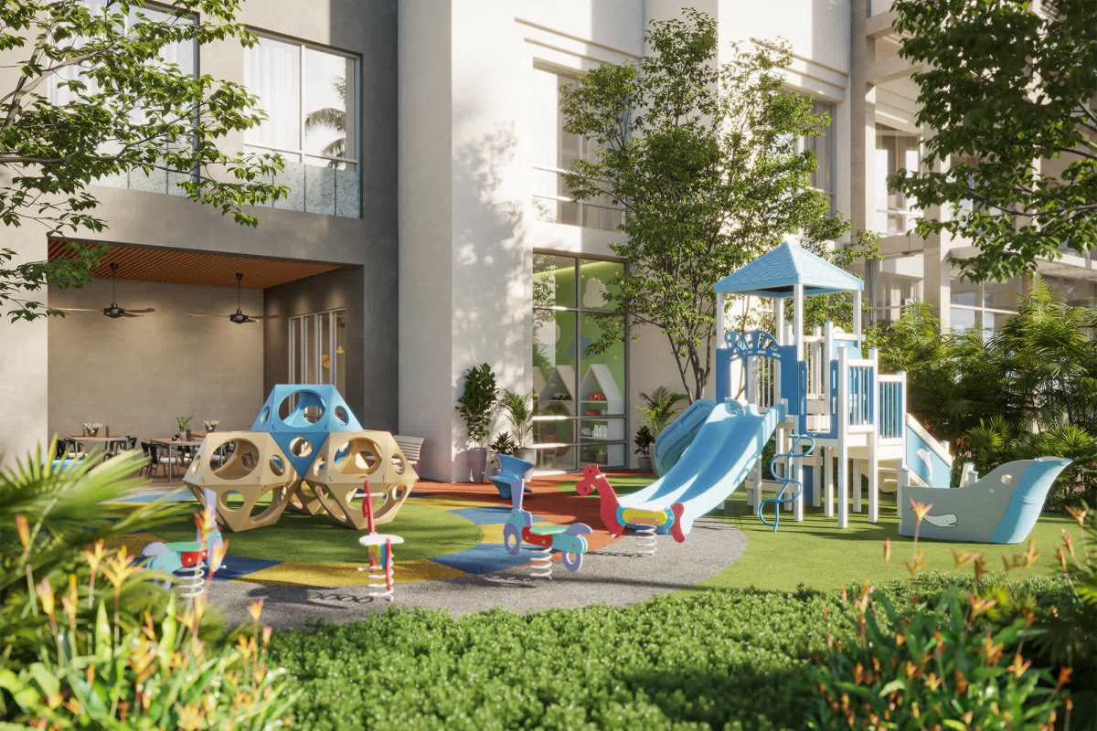 Modern children’s outdoor play area with landscaping at PH Ocean House Panama