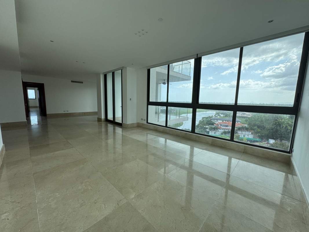 Luxury open-concept living dining with marble flooring and city view in Valery Point Santa Maria Panama