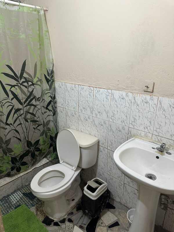 Bathroom with pedestal sink, toilet, shower curtain Villa Lobos Pedregal Panama