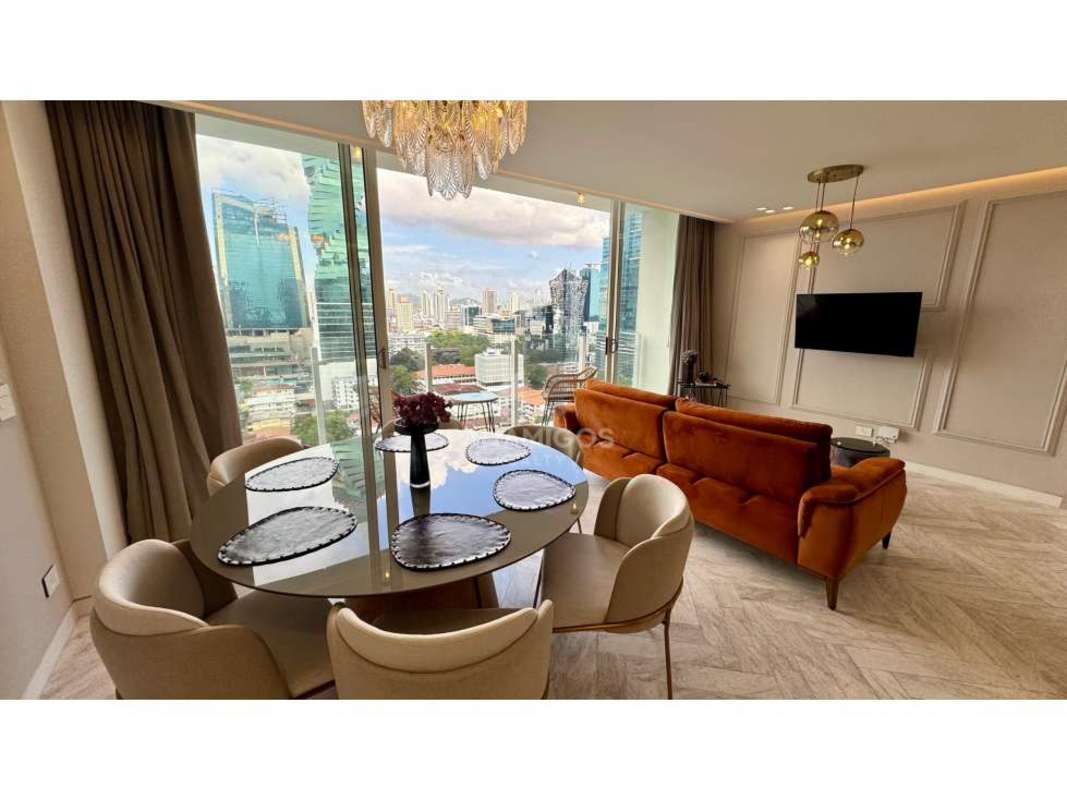 Contemporary marble countertop kitchen with built-in appliances and elegant finishes in PH Wanders & Yoo Panama