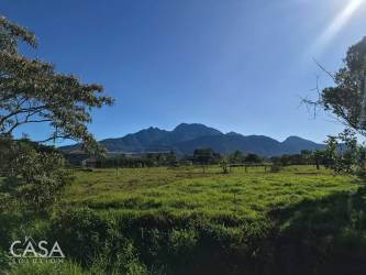 Scenic open lot with mountain backdrop and mature trees near Volcán Panama