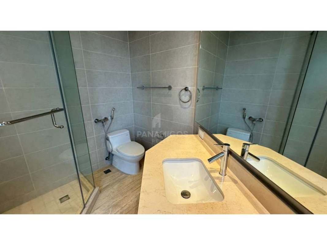 Bathroom with modern sink vanity, glass shower and elegant finishes PH Regent Costa del Este Panama