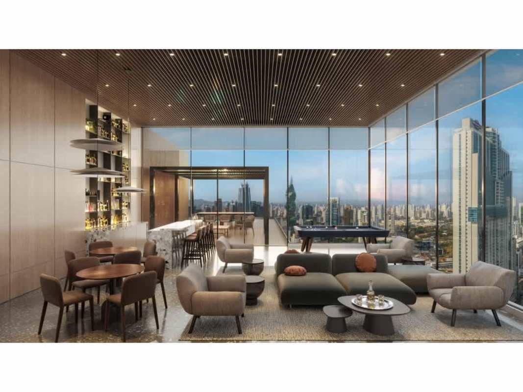 Rooftop mini-golf course with city and ocean view at Skyline Tower Marbella Panama