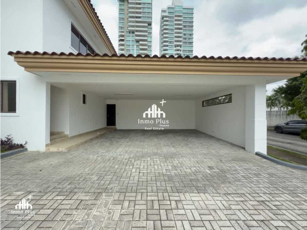 Private swimming pool surrounded by palm trees in gated luxury home Costa del Este Panama