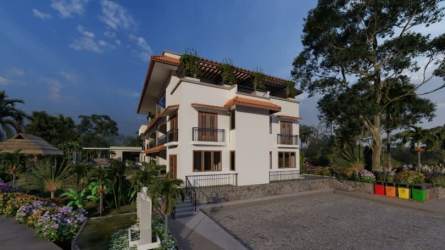 Mediterranean style three-story beachfront residence with balconies at Santa Catalina Villas Panama