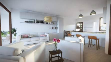 Modern open living room and kitchen design with garden views Santa Catalina Villas Panama