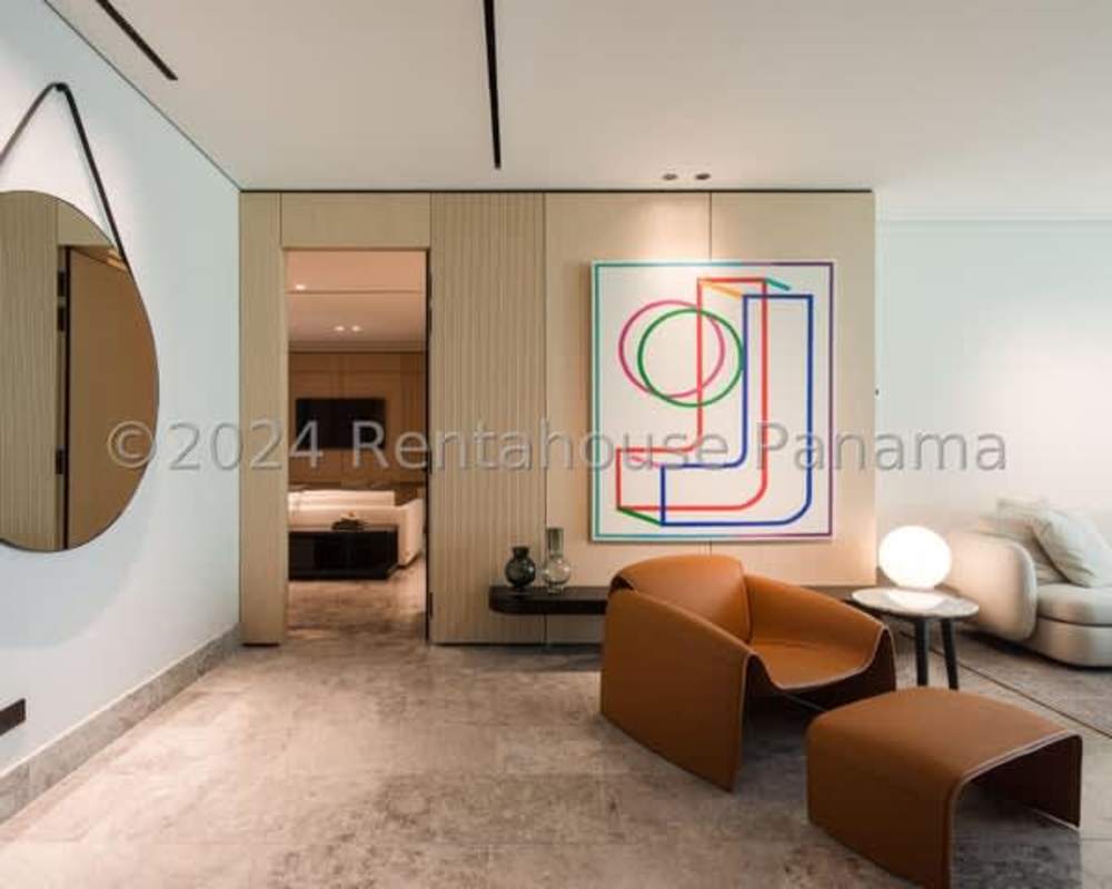 Spacious light wood kitchen with modern island large windows Punta Pacifica Panama