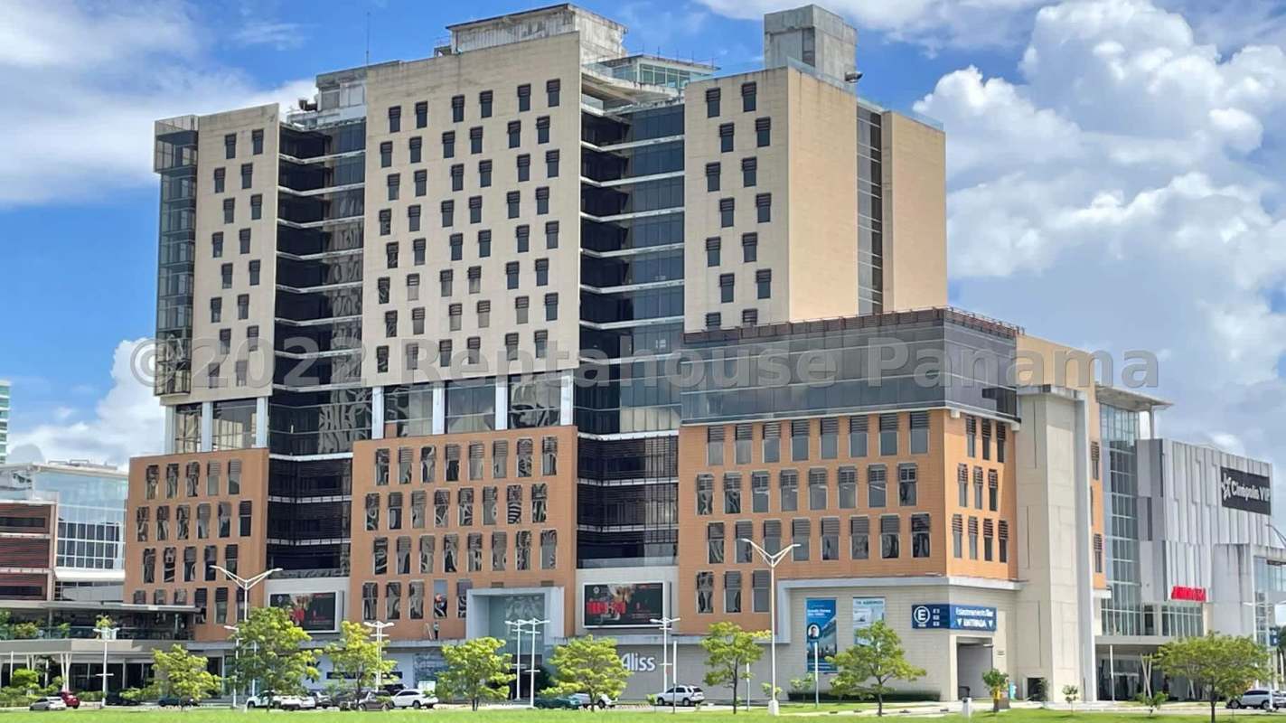 Multi-story glass facade commercial tower Ocean Business Plaza Costa del Este Panama City