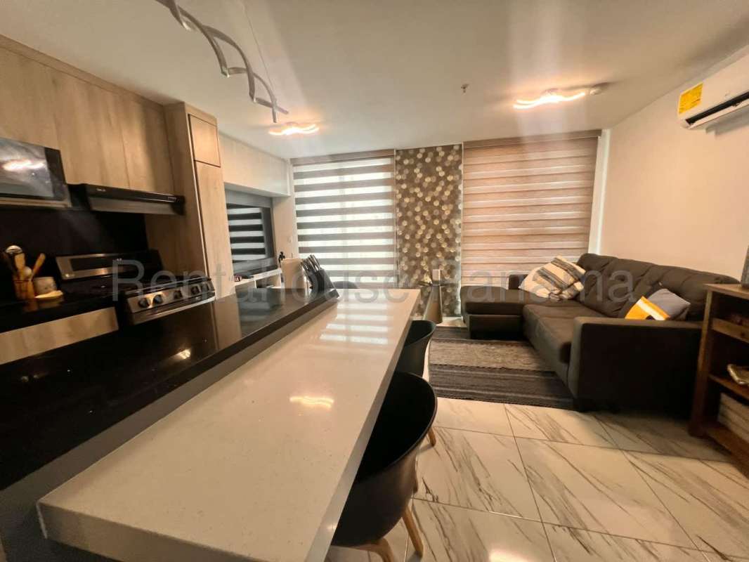 Contemporary open kitchen and living room with bar and AC in Bella Vista Panama
