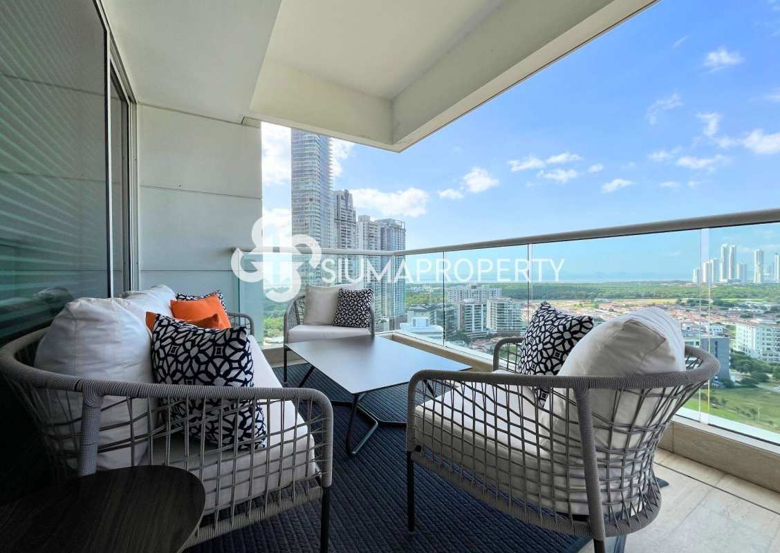 Modern spacious living room with marble floors, large windows golf views Santa Maria Panama
