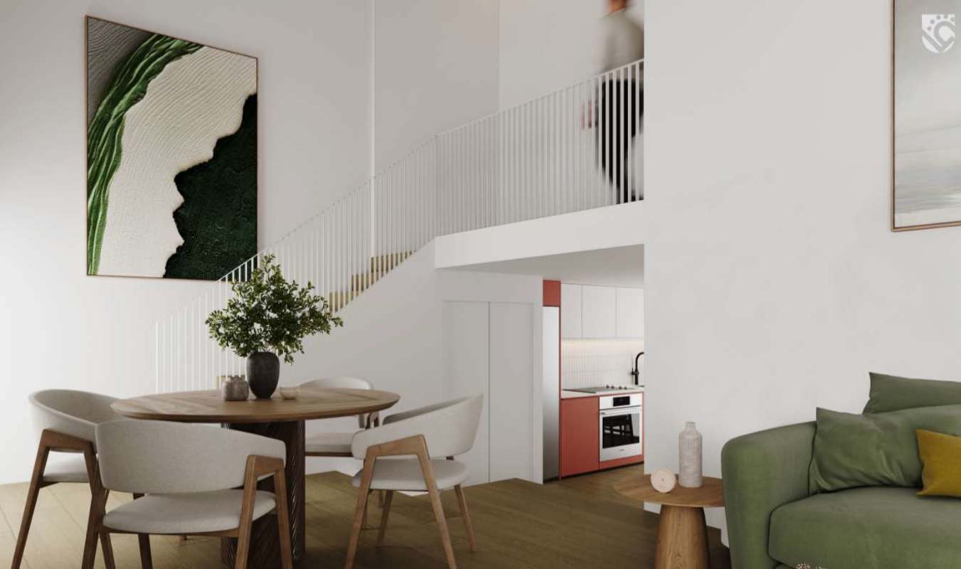 Spacious loft-style living, dining area with modern staircase in historic PH Antigua Casa López Casco Viejo