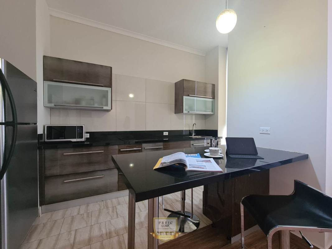 Open kitchen with granite counters and dark cabinets in PH Denovo Obarrio Panama