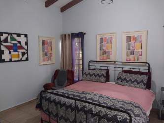 Bedroom with metal bed frame exposed ceiling beams country house Los Lirios Panama