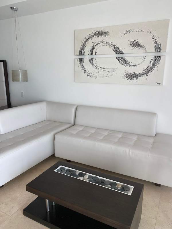 Compact modern kitchenette with granite countertop, cooktop, microwave luxury studio Panama City