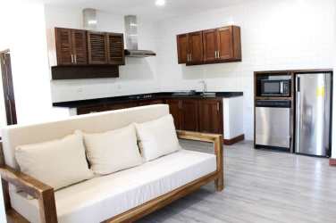 Compact kitchenette inside suite with wood cabinets and gas cooktop in Pedasi Nature Paradise Panama