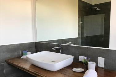 Modern minimalist bathroom with walk-in glass shower Pedasi boutique residences Panama