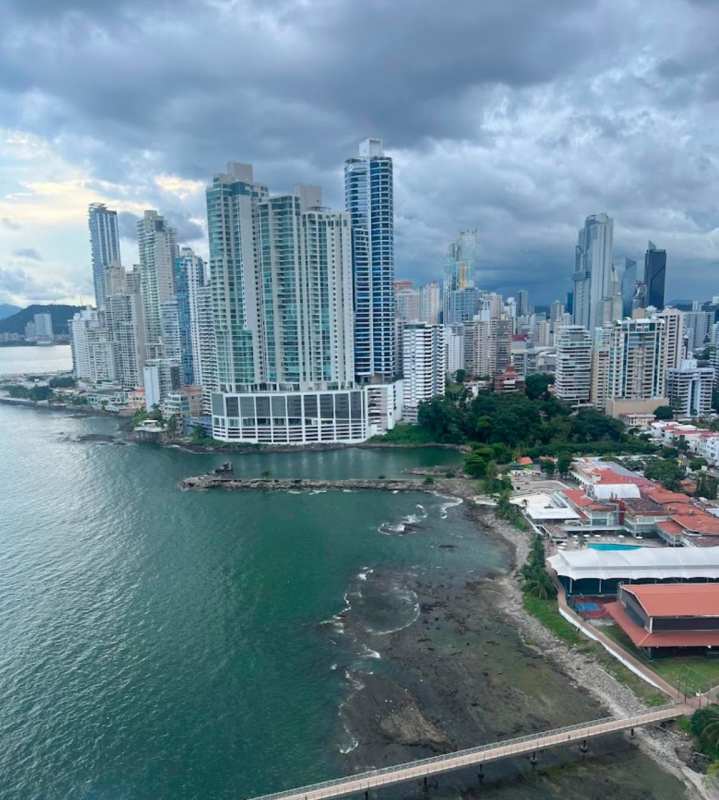 Aerial view waterfront skyscrapers luxury condominiums Punta Pacifica Panama City