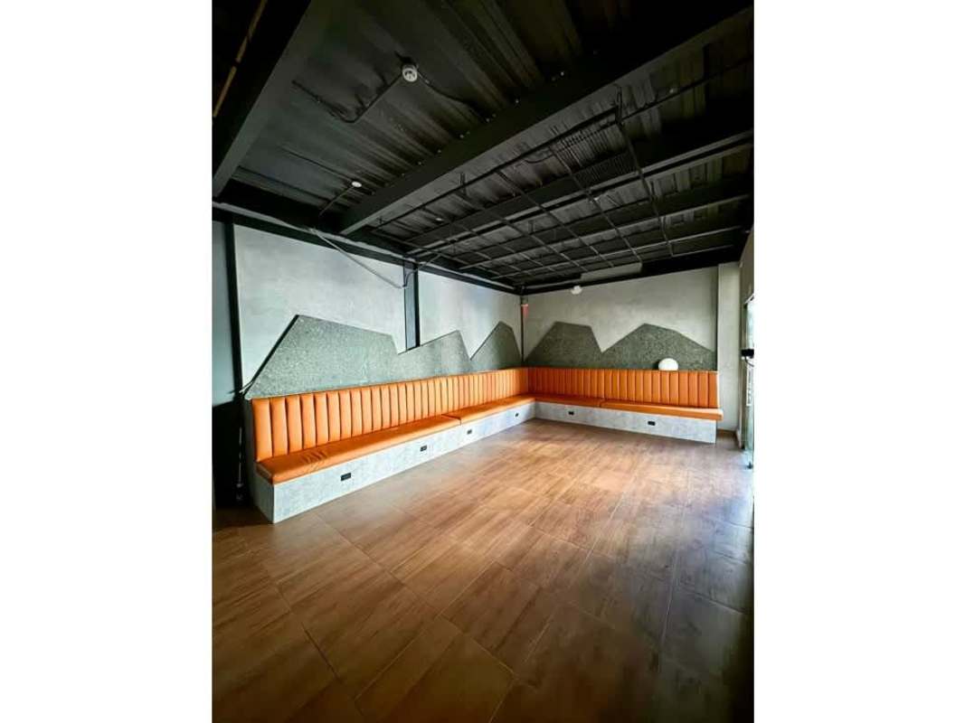 Open commercial space high ceiling wood tile floor mural Plaza Top Panama