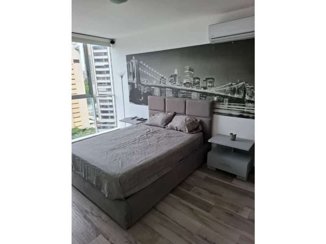 Modern bedroom large windows city murals furnished PH Ocean Club Punta Pacifica rental