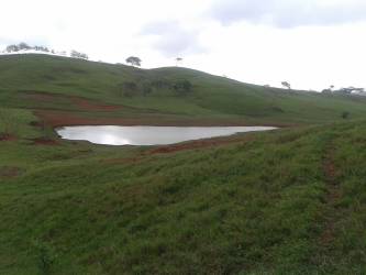 Rolling green hills with a pond and trees on farmland El Espino San Carlos Panama