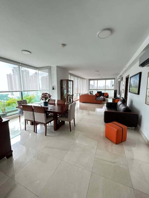 Luxury lobby with high ceilings, glass doors, modern furniture in PH Park Lane Costa del Este Panama City